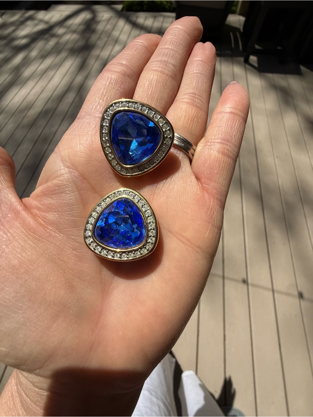 Swarovski Deep Blue Triangle Crystal Clip Earrings with Clear Pavé